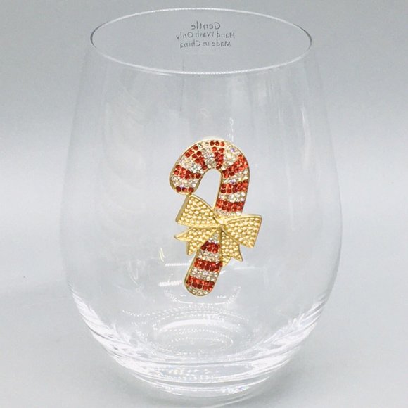 x2 Rhinestone Candy Cane Stemless Wine Glass Set Red Gold Bow Christmas Holidays - Picture 2 of 10